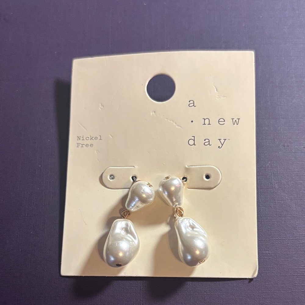 A New Day Faux Baroque Pearl Double Drop Earrings -Gold Tone